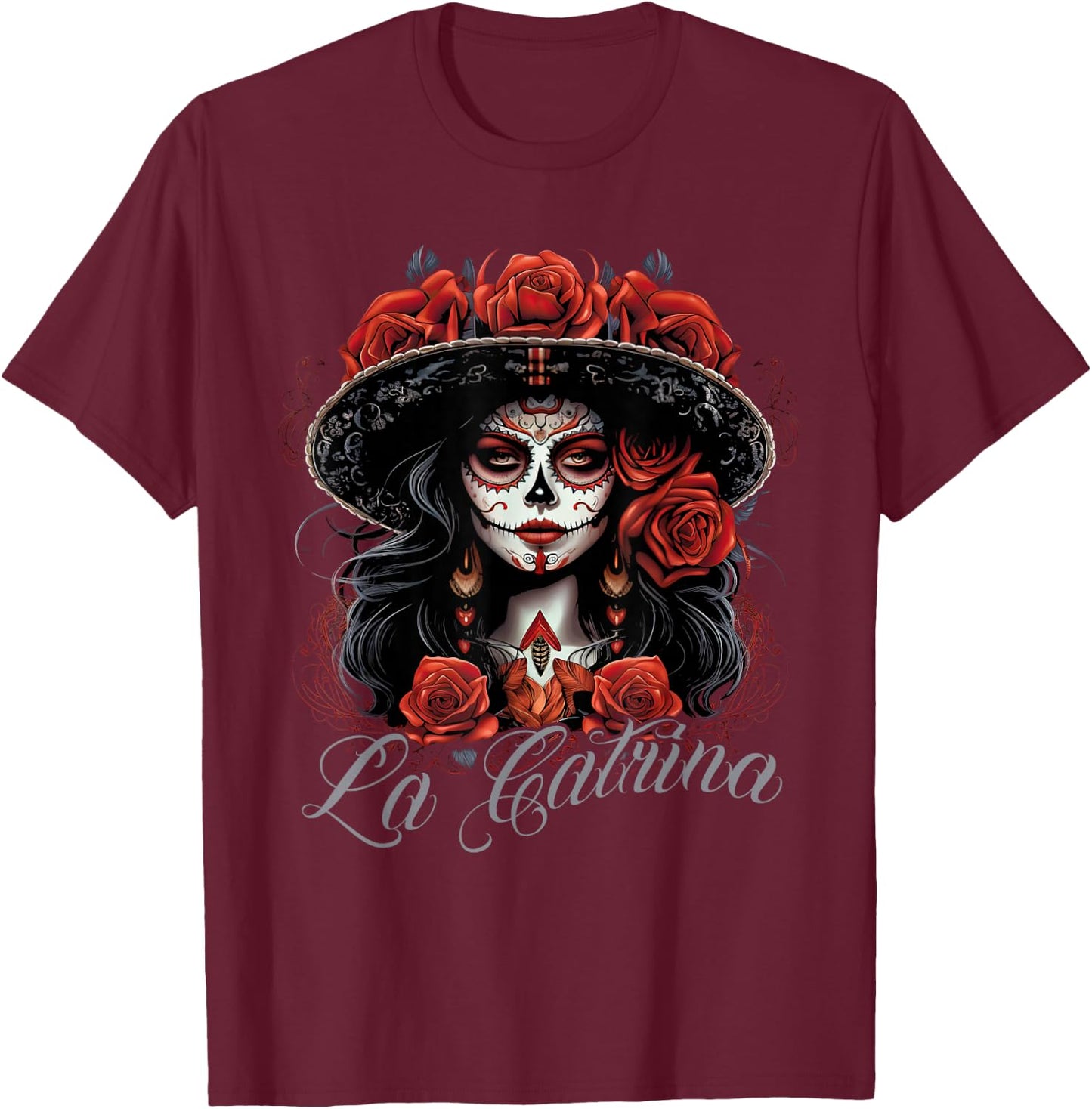 La Catrina Costume Unique Day of the Dead Dress - Women's Black X-Small Classic Fit Dress - Short Sleeve - Solid - - Pull On - 1 Count - Machine Wash T-Shirt - T-Shirt | Maroon