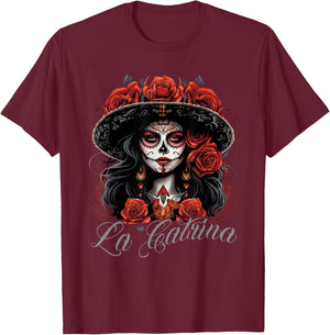 La Catrina Costume Unique Day of the Dead Dress - Women's Black X-Small Classic Fit Dress - Short Sleeve - Solid - - Pull On - 1 Count - Machine Wash T-Shirt - T-Shirt | Maroon