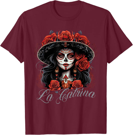 La Catrina Costume Unique Day of the Dead Dress - Women's Black X-Small Classic Fit Dress - Short Sleeve - Solid - - Pull On - 1 Count - Machine Wash T-Shirt - T-Shirt | Maroon