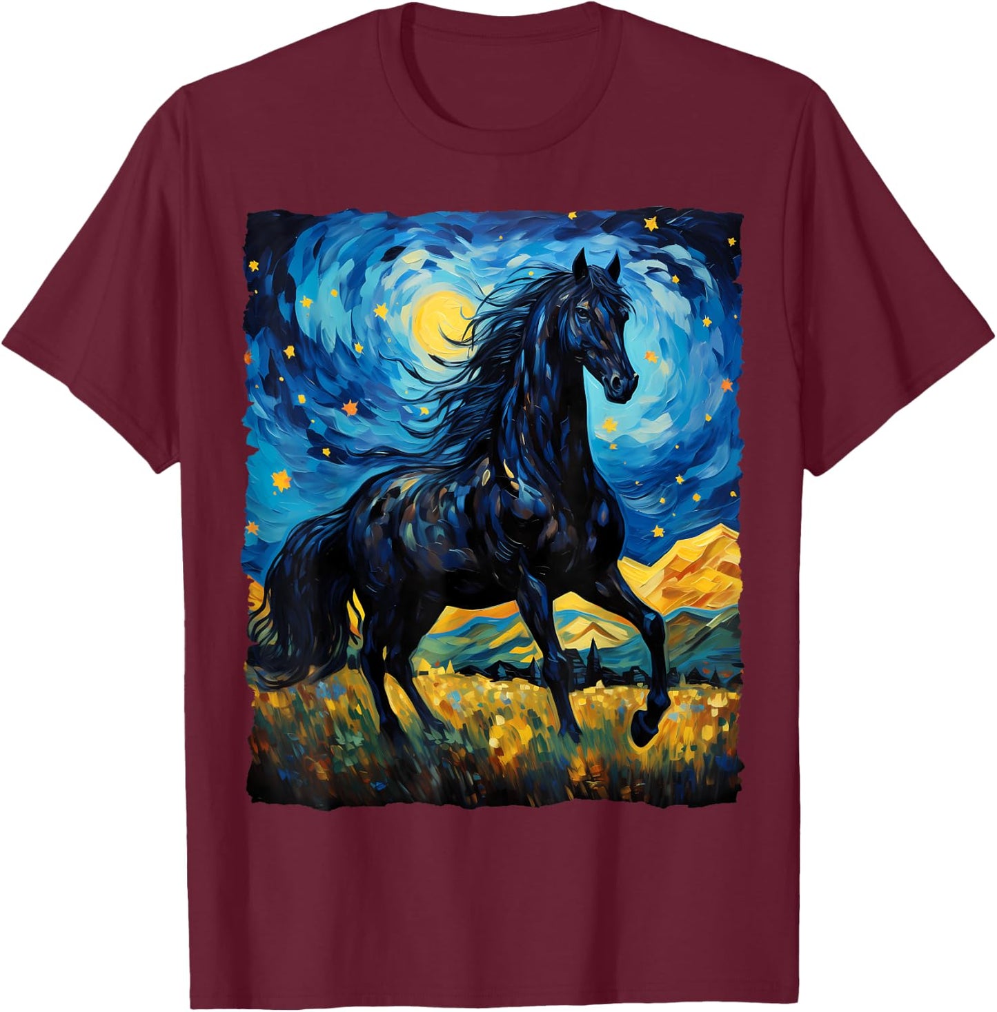 Black Horse Van Gogh Starry Night Painting Wild Animal Lover T-Shirt - T-Shirt | Maroon