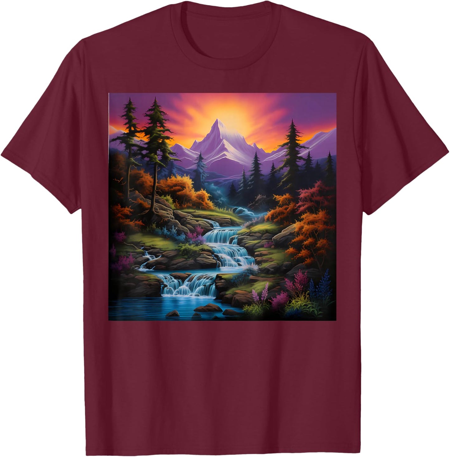 Fall Landscape Art Mountain River and Waterfalls for Hiking T-Shirt - T-Shirt | Maroon