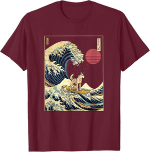Shepsky Japanese Kanagawa Wave Funny Surf Dog T-Shirt - T-Shirt | Maroon
