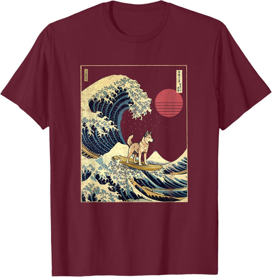 Shepsky Japanese Kanagawa Wave Funny Surf Dog T-Shirt - T-Shirt | Maroon