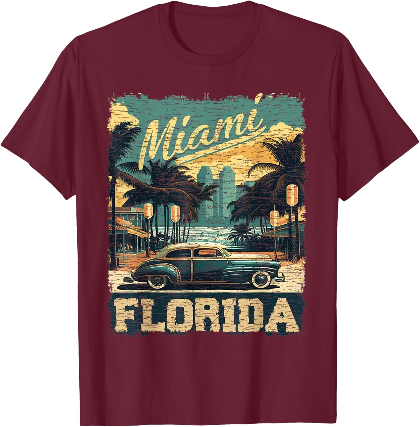 Vintage Miami Vibes Retro Florida T-Shirt - T-Shirt | Maroon