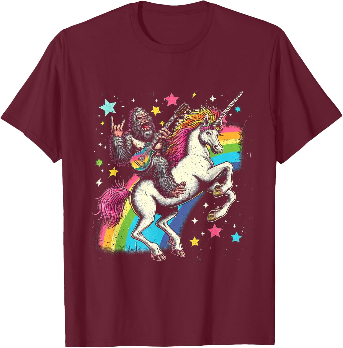 Funny Bigfoot Riding a Rainbow Unicorn T-Shirt - T-Shirt | Maroon