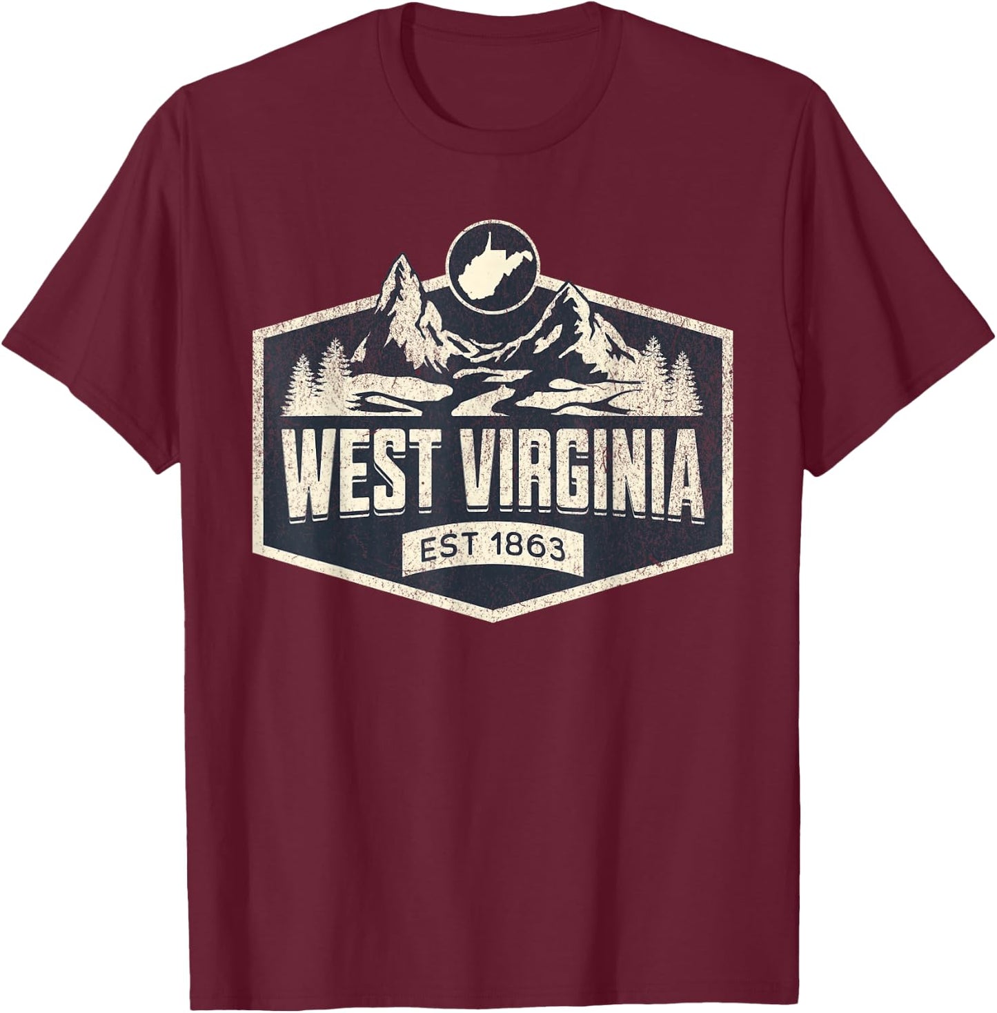 West Virginia Style -Adults Blue Small Map T-Shirt - T-Shirt | Maroon