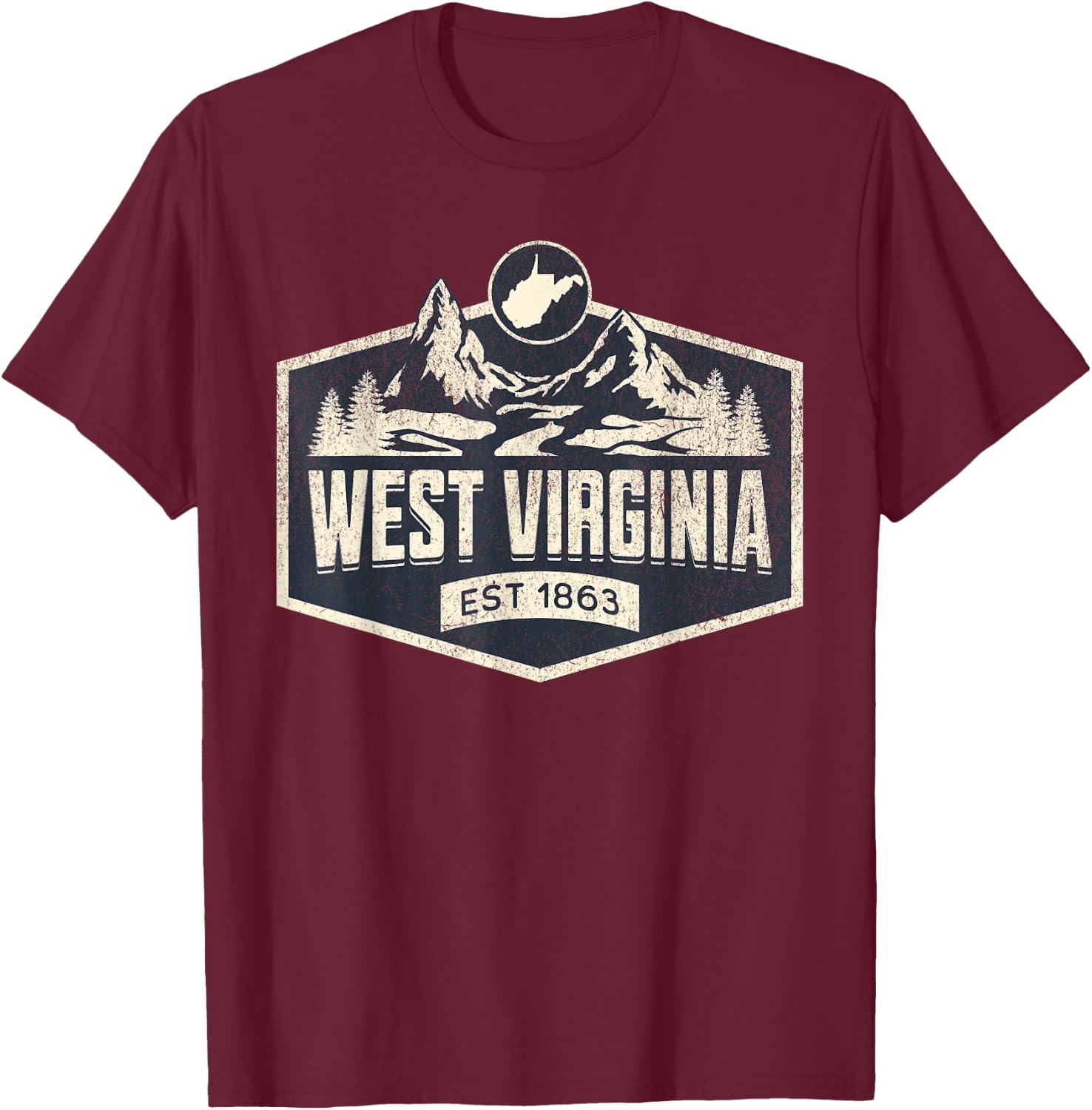 West Virginia Style -Adults Blue Small Map T-Shirt - T-Shirt | Maroon