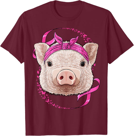Pig Breast Cancer Awareness Pink Bandana Cancer Survivor T-Shirt - T-Shirt | Maroon