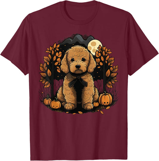 Pumpkin Golden Doodle costume on Goldendoodle Halloween T-Shirt - T-Shirt | Maroon