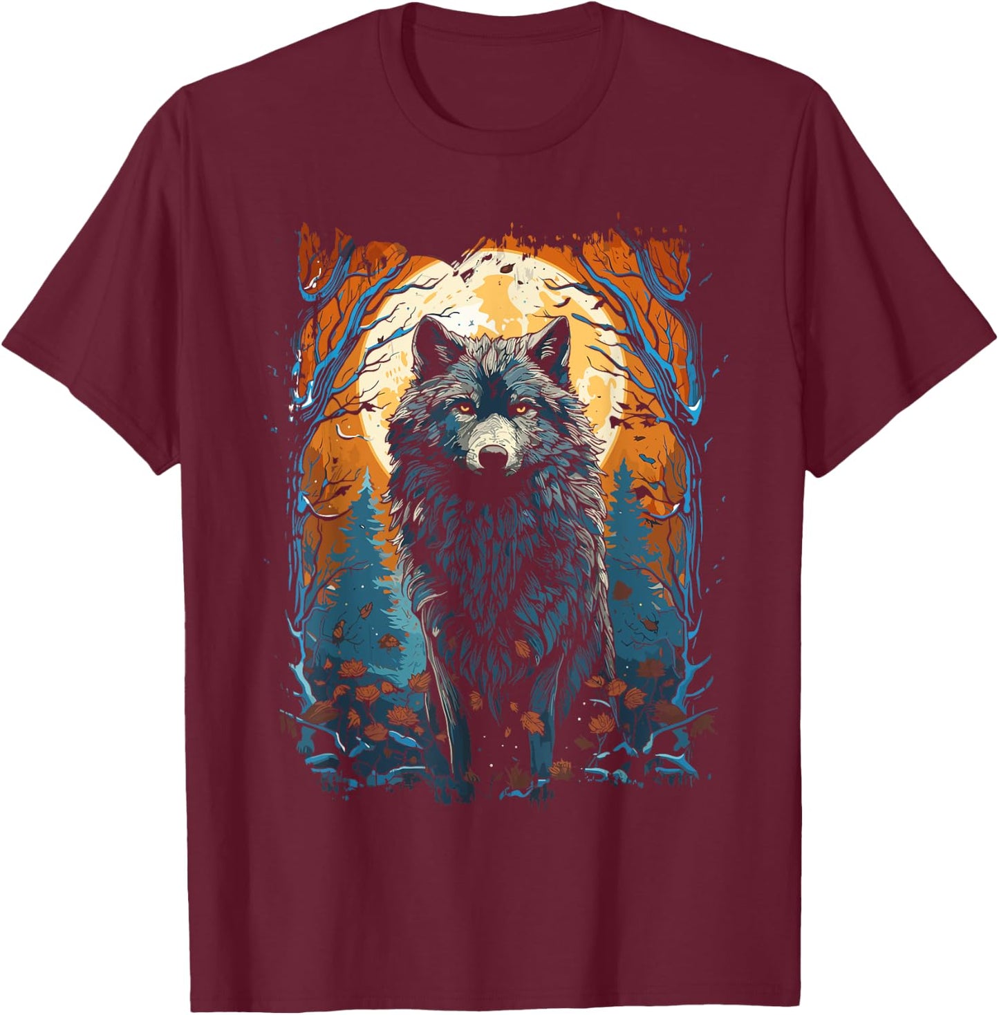 Wolf and Moon, Forest, Nature Art Women, Men T-Shirt - T-Shirt | Maroon