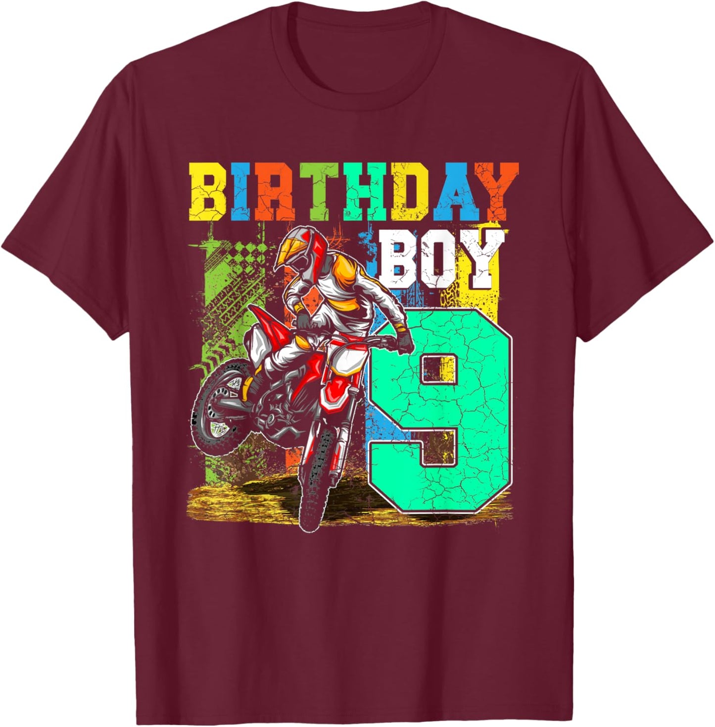 Kids 9 Years Old Kid Birthday Boy Dirt Bike Motorcycle Bday T-Shirt - T-Shirt | Maroon
