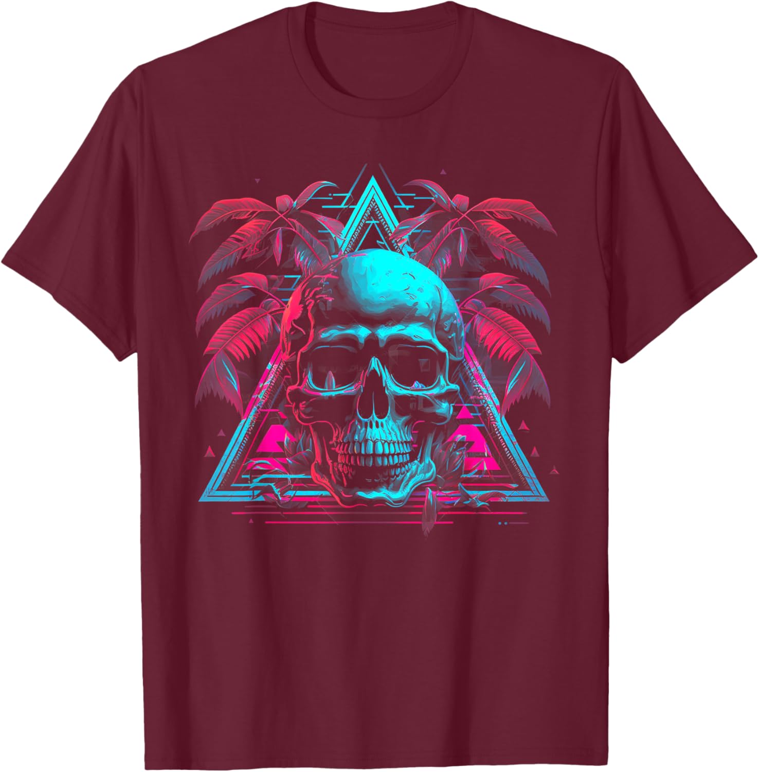 Skull Vaporwave Retrowave Aesthetic Synthwave 80s Palm Tree T-Shirt - T-Shirt | Maroon