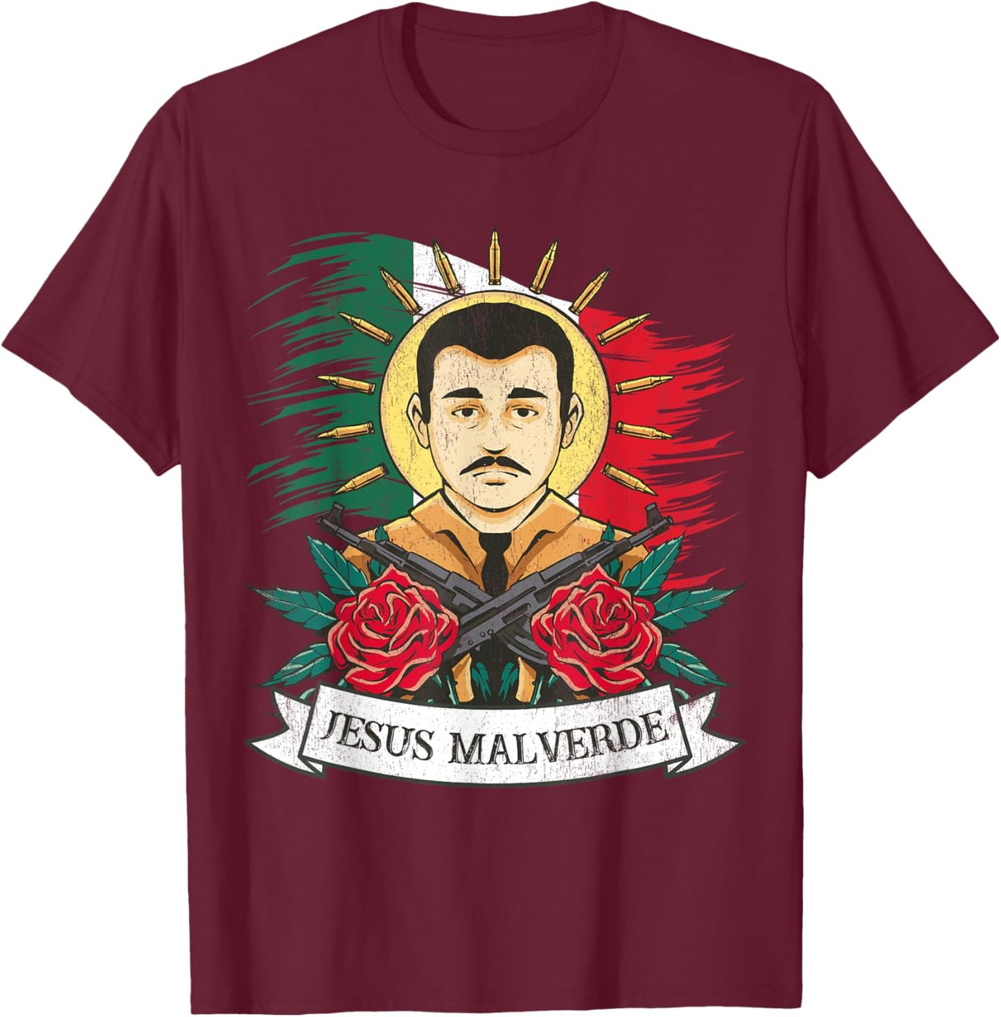 Jesus Malverde Sinaloa Mexico, Jesus Malverde T-Shirt - T-Shirt | Maroon