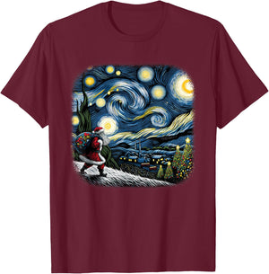 Van Gogh Starry Night Santa Christmas Winter Snowy Night T-Shirt - T-Shirt | Maroon