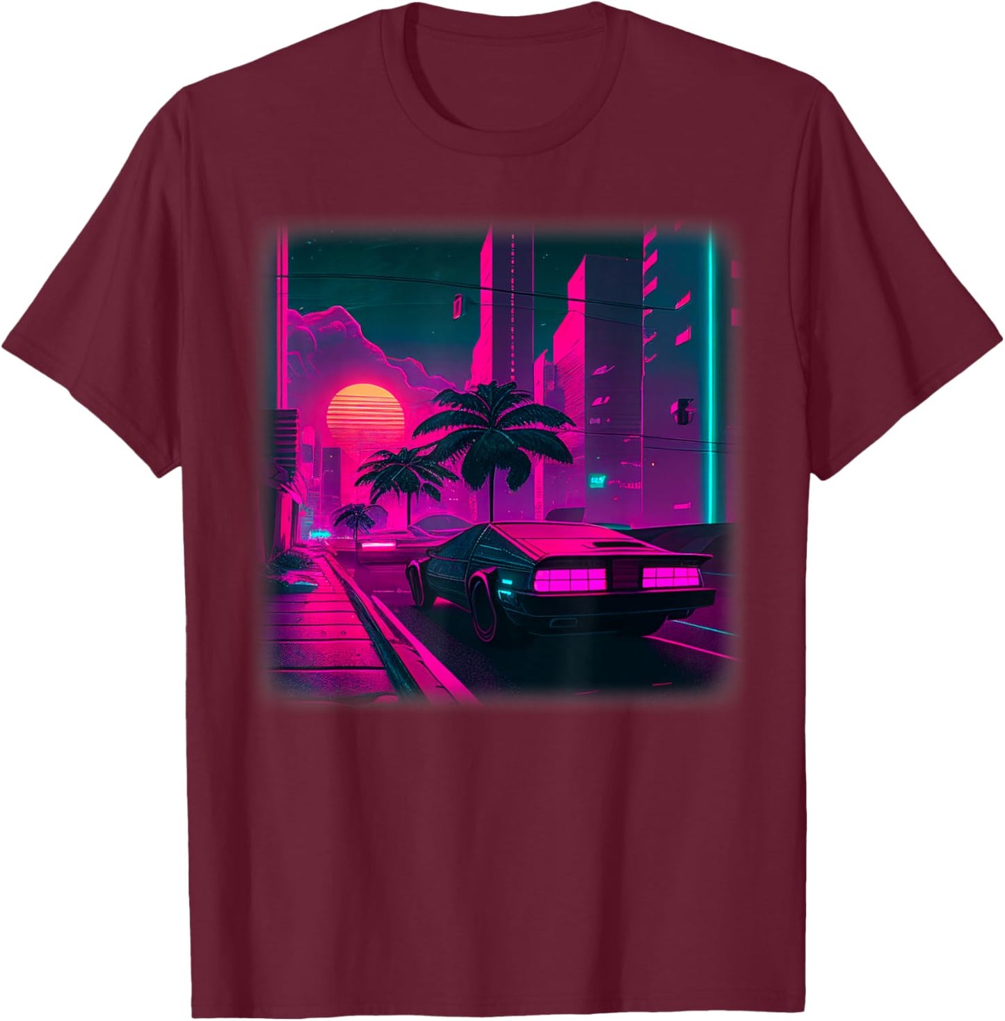 Synthwave Vaporwave Sunset Palm Trees 80s 90s Illustration T-Shirt - T-Shirt | Maroon