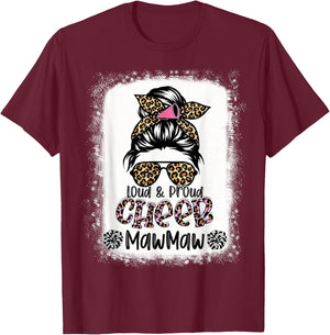 Loud And Proud Cheer Mawmaw Leopard Messy Bun Bleached T-Shirt - T-Shirt | Maroon