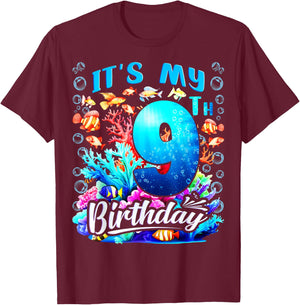 It's My 9th Birthday Boy Sea Fish Ocean Animals Aquarium T-Shirt - T-Shirt | Maroon