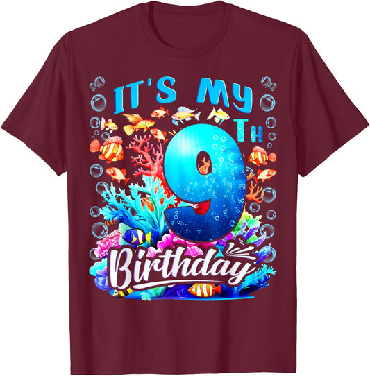 It's My 9th Birthday Boy Sea Fish Ocean Animals Aquarium T-Shirt - T-Shirt | Maroon