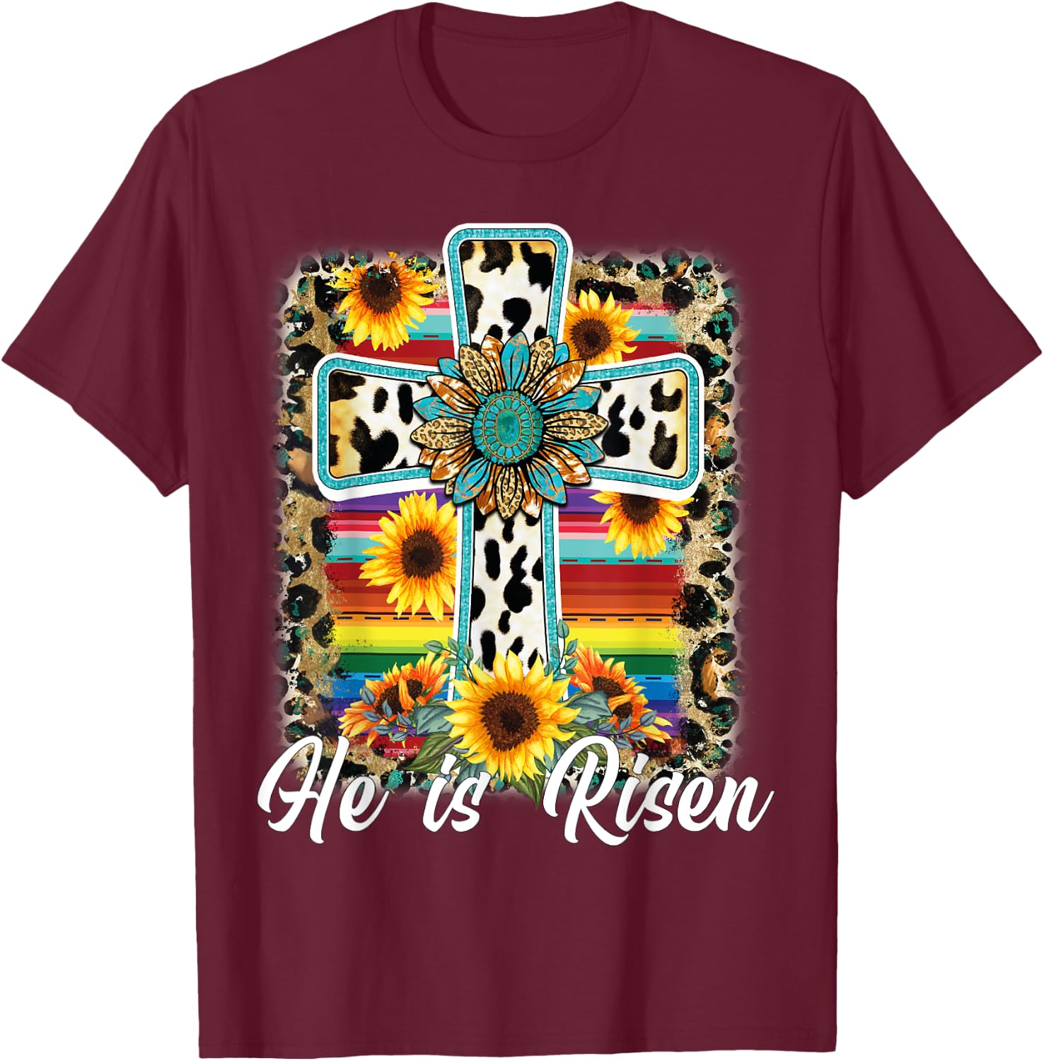 He is Risen Sunflower Leopard Cross Happy Easter Day T-Shirt - T-Shirt | Maroon