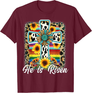 He is Risen Sunflower Leopard Cross Happy Easter Day T-Shirt - T-Shirt | Maroon