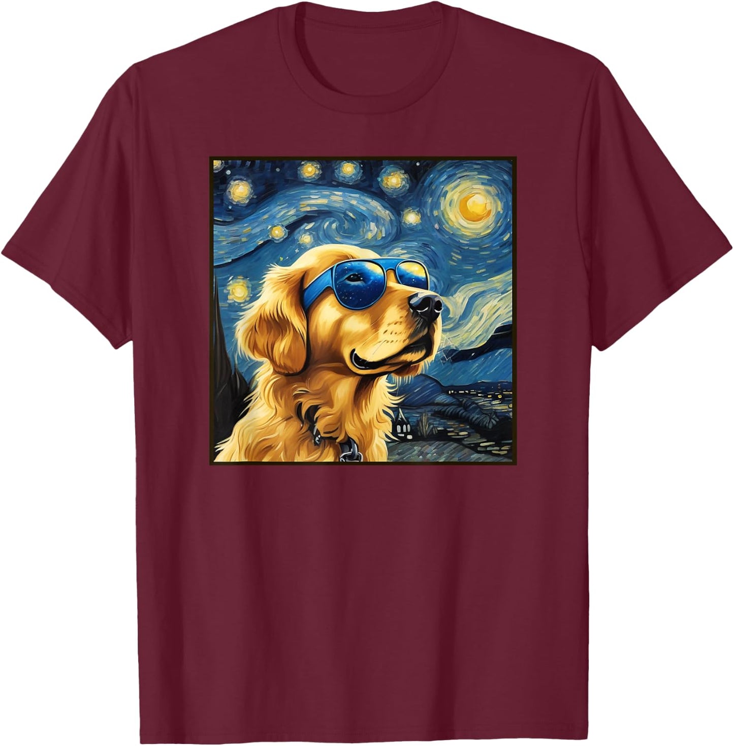 Van Gogh Starry Night Cute Dog Golden Retriever shirt T-Shirt - T-Shirt | Maroon