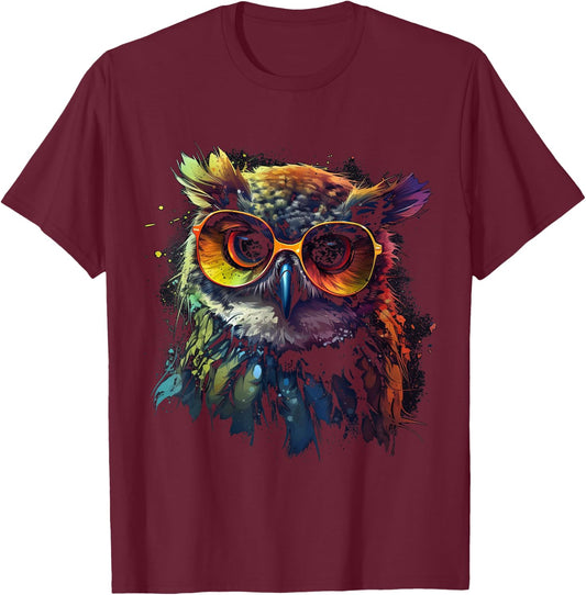Owl Artwork - Animal Glasses Colourful Bird Art Owl T-Shirt - T-Shirt | Maroon
