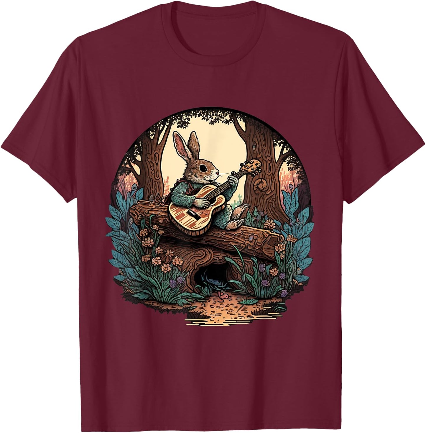 Funny Bunny Playing Banjo Guitar Music Rabbit T-Shirt - T-Shirt | Maroon