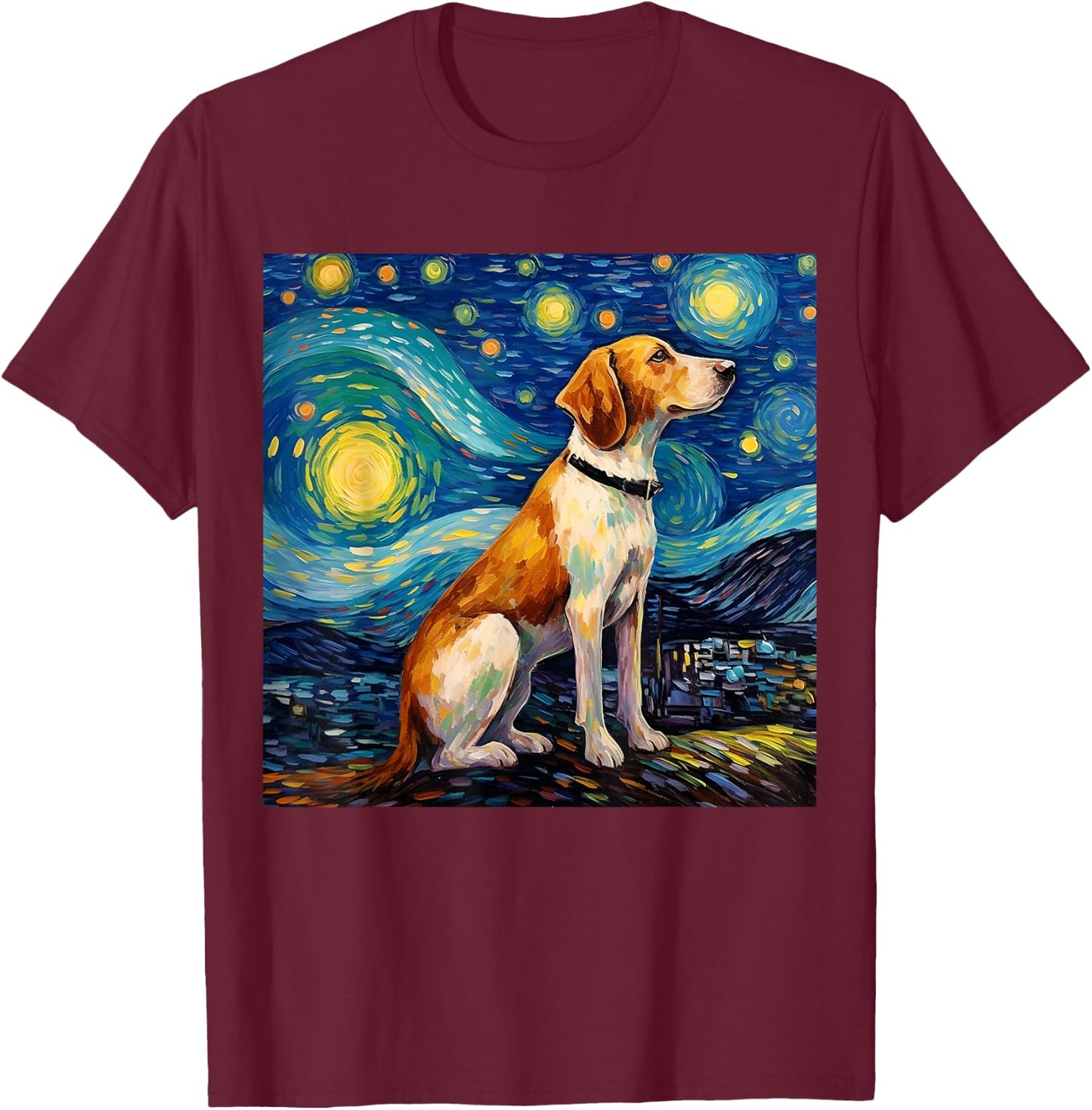 Surreal Starry Night American Foxhound Dog T-Shirt - T-Shirt | Maroon