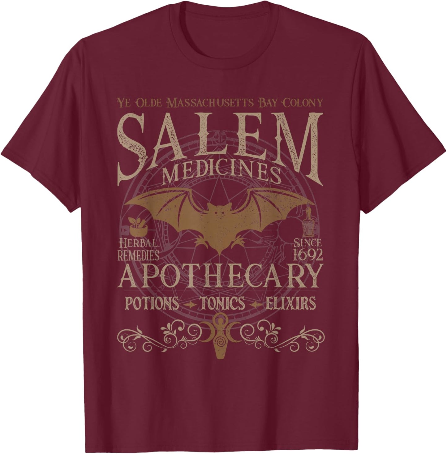Salem Apothecary Medicines Herbal Witch Bat Beige T-Shirt - T-Shirt | Maroon