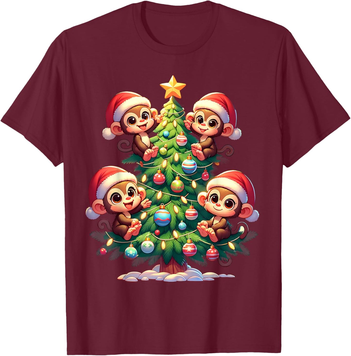 Kawaii Monkey Christmas Tree Cartoon Animals Primate T-Shirt - T-Shirt | Maroon