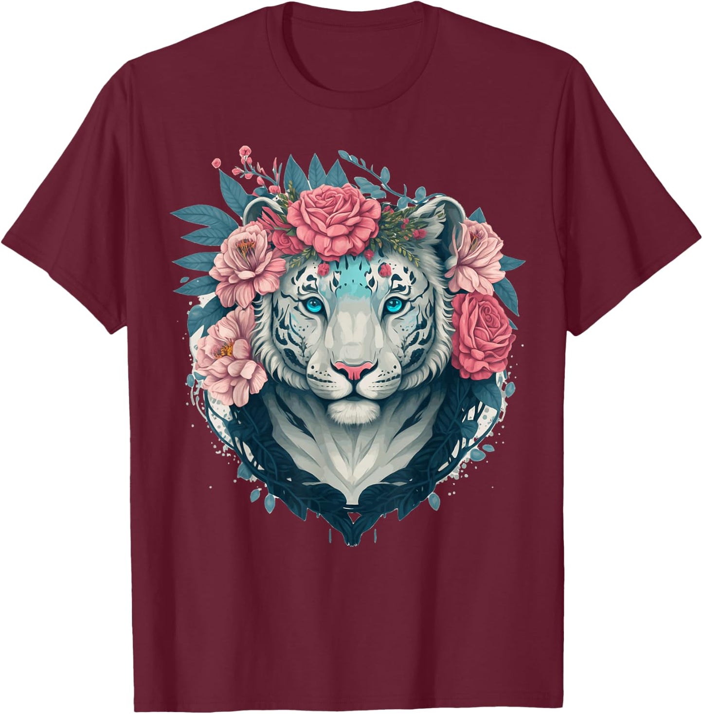 White Bengal Tiger Flower Crown Floral Animal Lovers T-Shirt - T-Shirt | Maroon