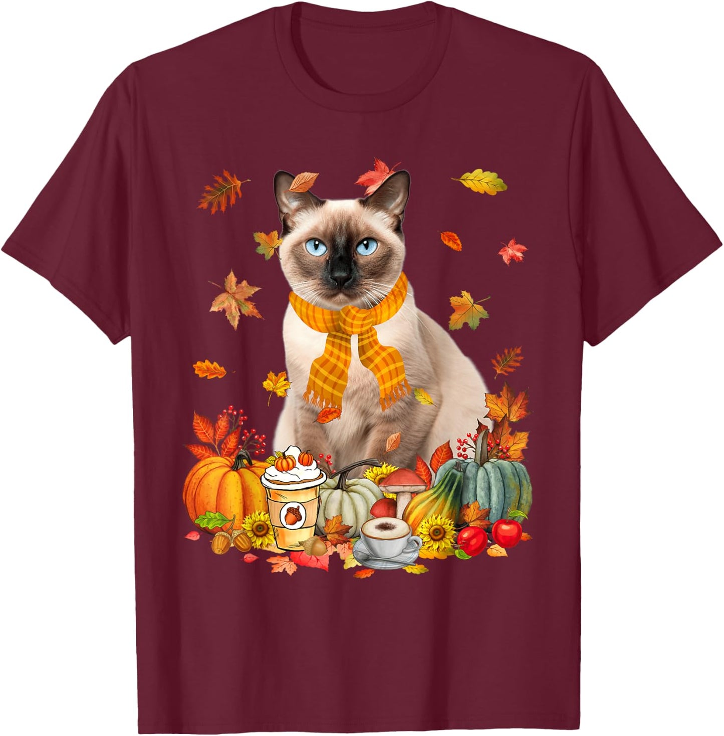 Cup Of Coffe & Siamese Cat Pumpkins Fall Vibes Thanksgiving T-Shirt - T-Shirt | Maroon