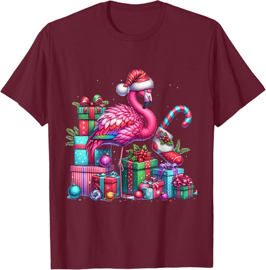 Funny Festive Flamingo Holiday Pink Christmas Xmas Santa Hat T-Shirt - T-Shirt | Maroon