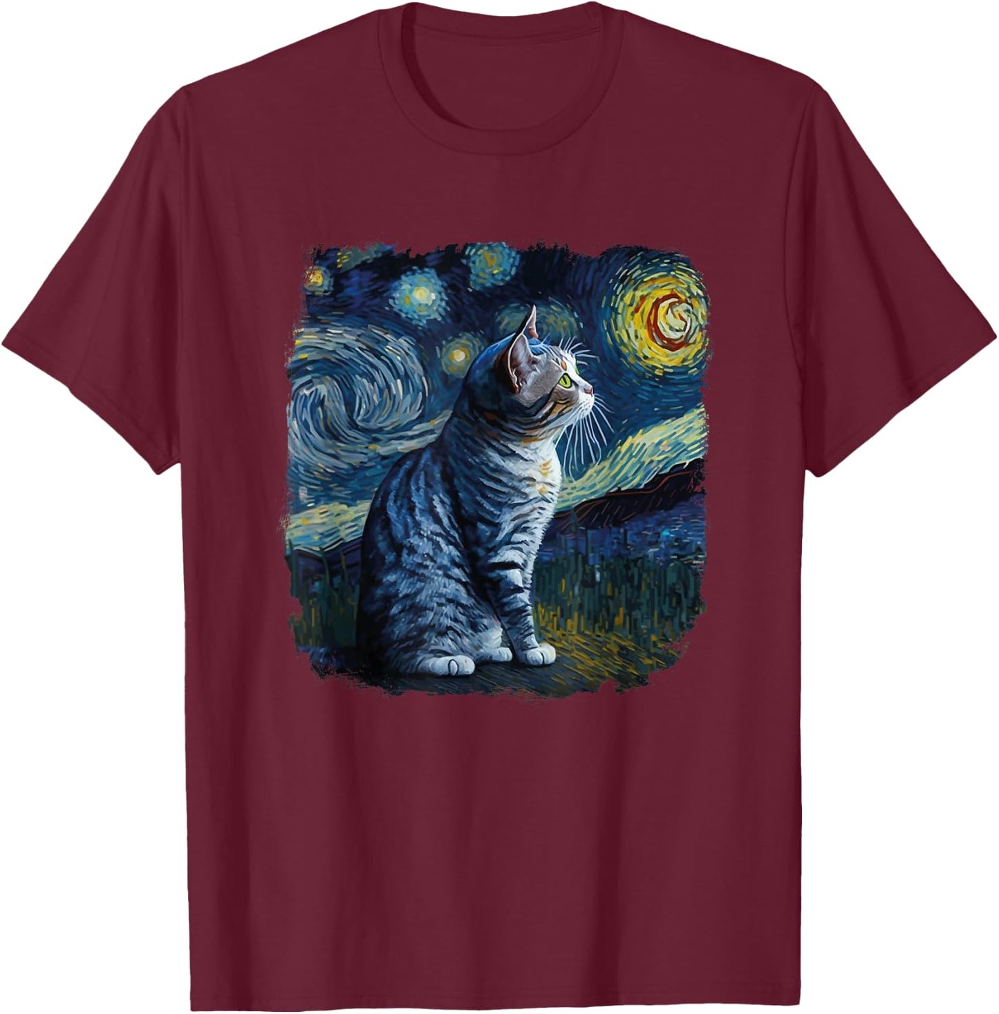 Funny Van Gogh Starry Night Cat American Shorthair Cat Lover T-Shirt - T-Shirt | Maroon