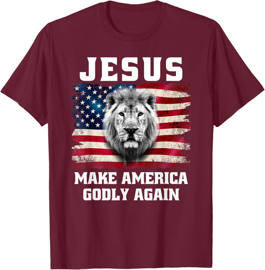 Jesus Make America Godly Again Christian Faith USA Flag Lion T-Shirt - T-Shirt | Maroon