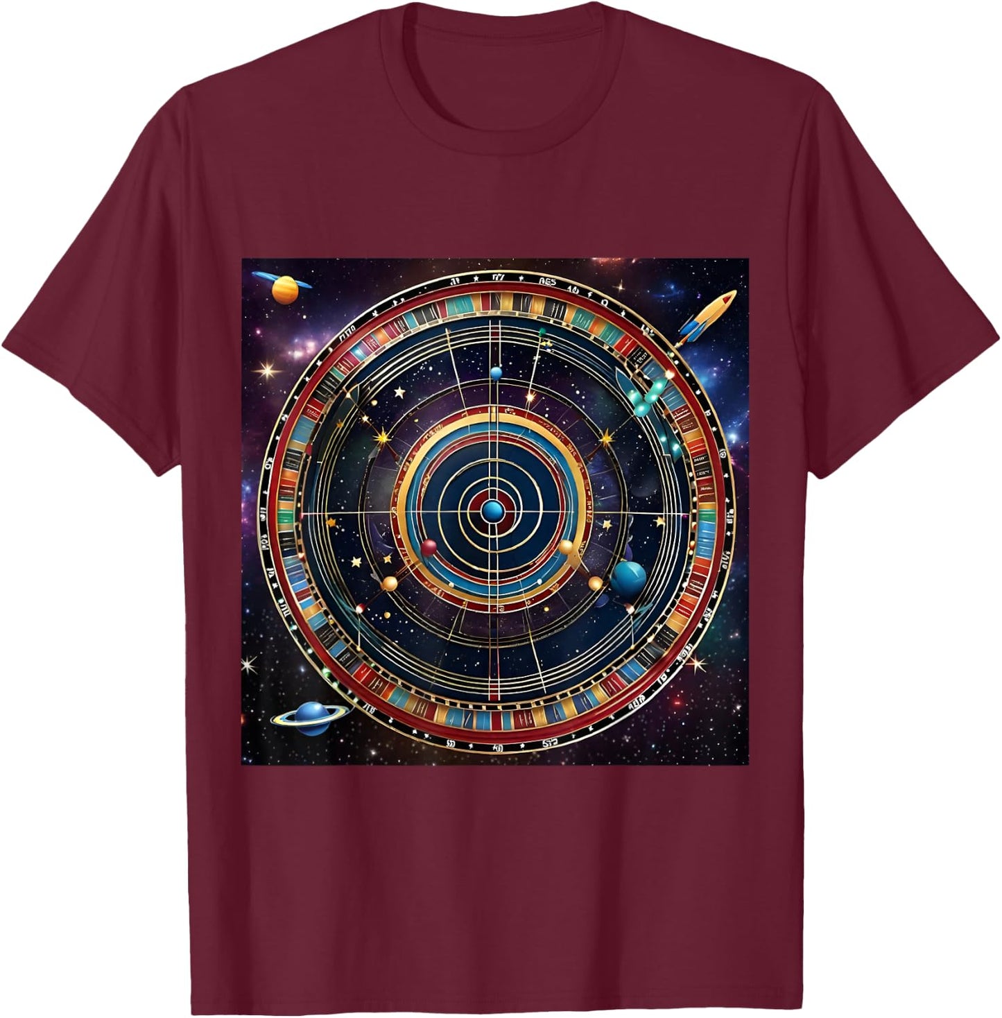 Bullseye Beyond -Adults Kids , Black, Small, Short Sleeve, Modern, Astrological, Sports, Professional, Themed- , Interstellar Challenge: Cosmic Dartboard T-Shirt - T-Shirt | Maroon