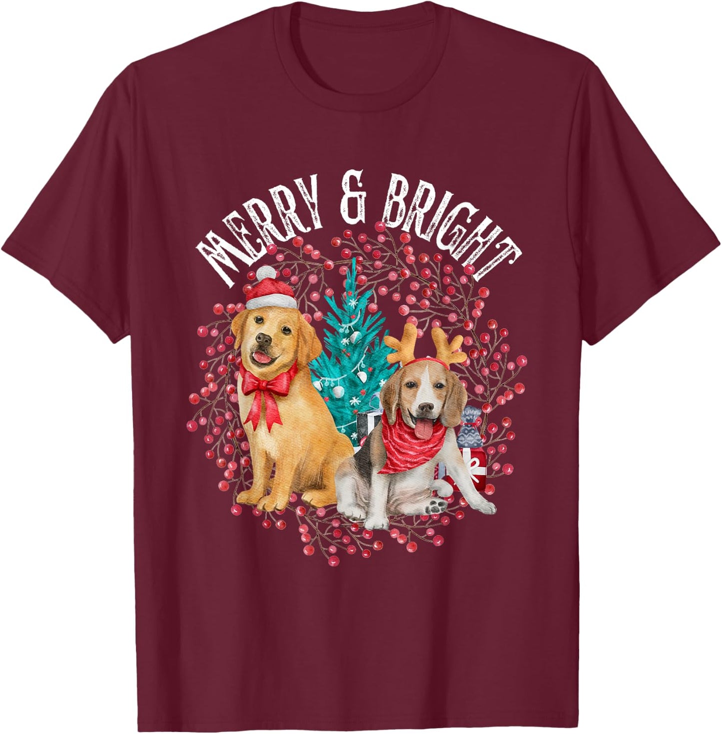 Christmas Beagle and Golden Retriever T-Shirt - T-Shirt | Maroon
