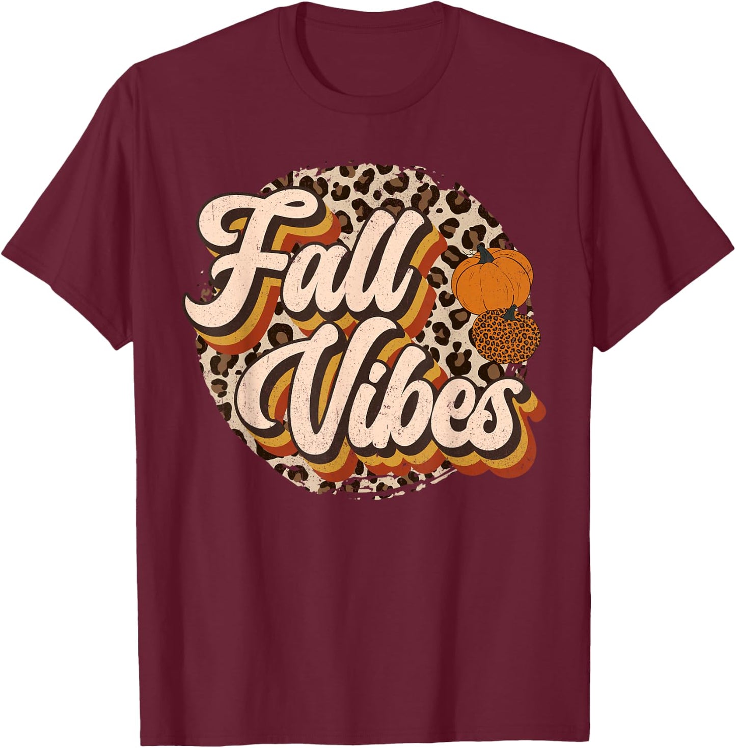 Vintage 70s Fall Vibes Leopard Pumpkin Season Retro Autumn T-Shirt - T-Shirt | Maroon