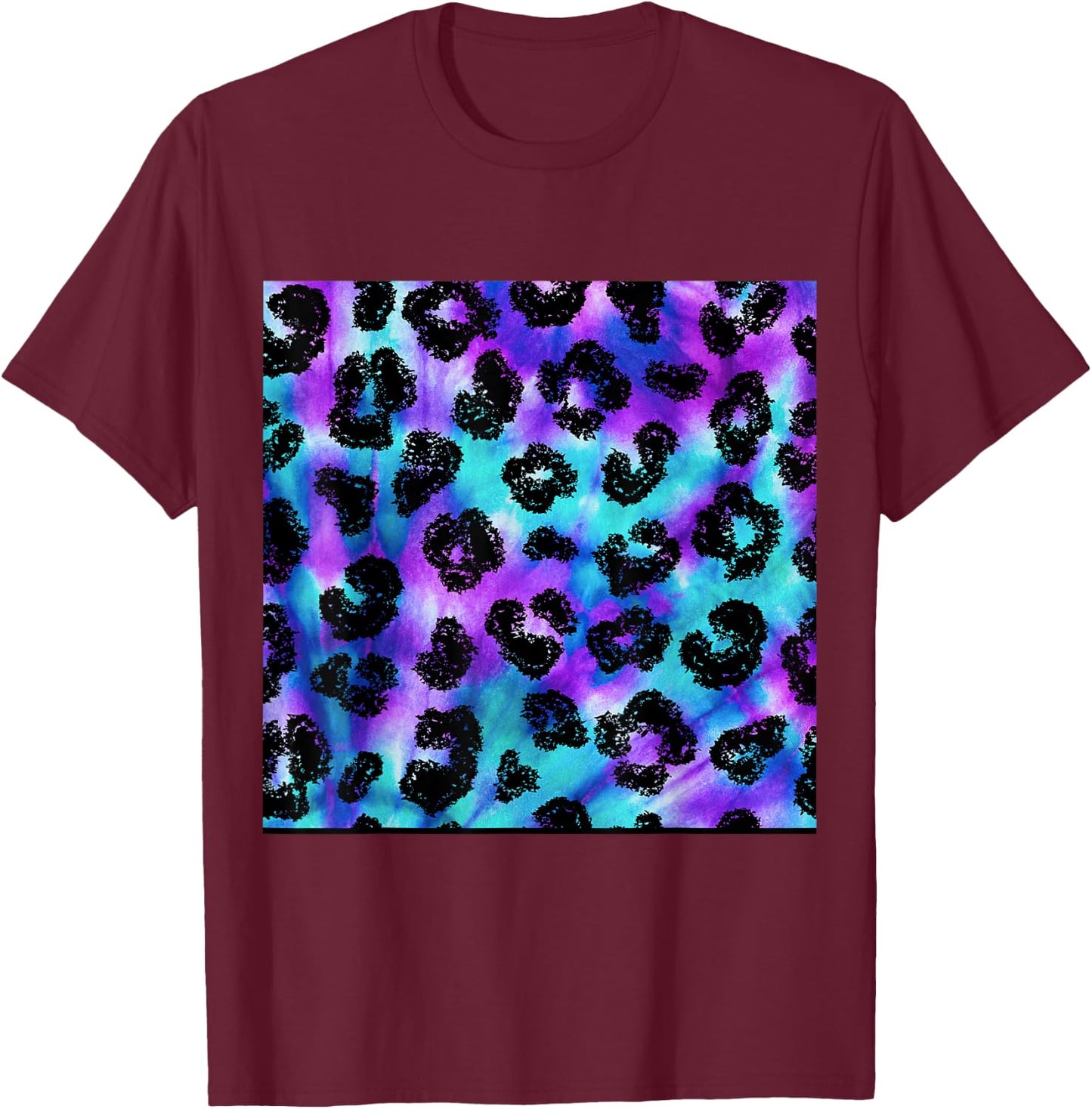 Purple Turquoise Black Leopard Tie Dye Print Cheetah Pattern T-Shirt - T-Shirt | Maroon