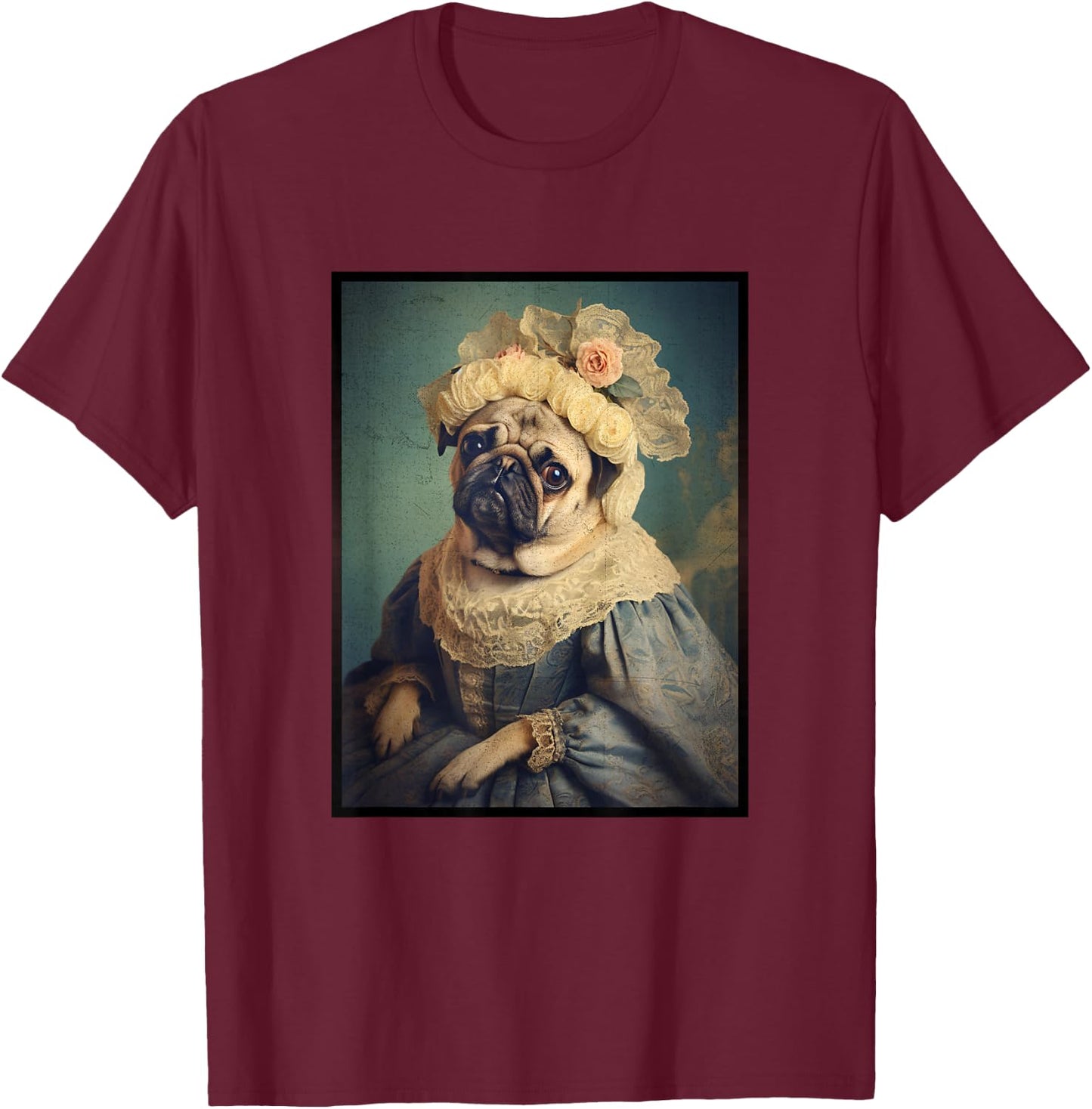 Pug Dog Portrait Renaissance Funny Pet Mom Dad Women Girls Kids T-Shirt - T-Shirt | Maroon