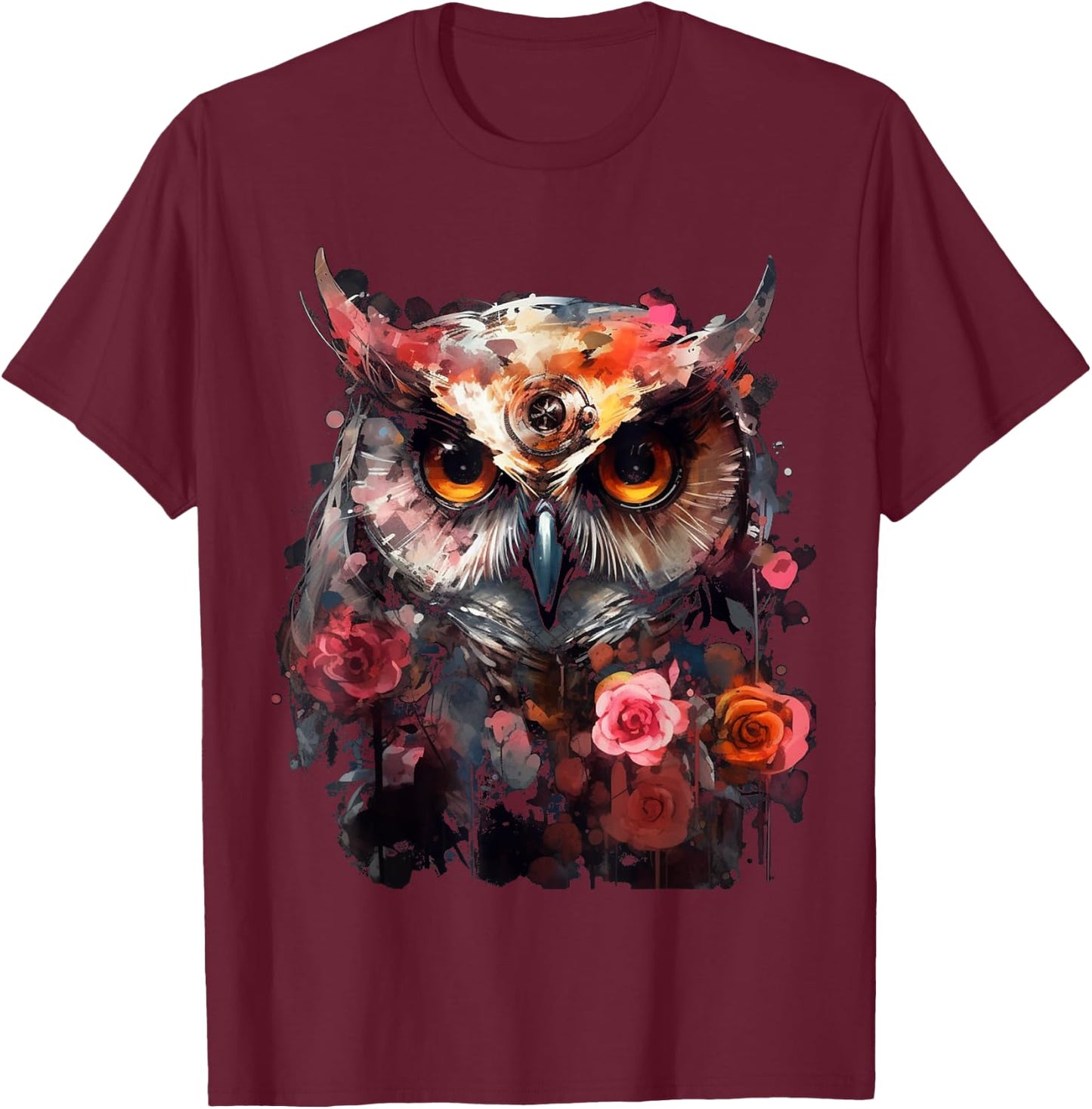 Owl Flowers Fantasy Animal Lovers - Bird Art Animal Owl T-Shirt - T-Shirt | Maroon