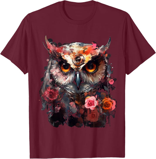 Owl Flowers Fantasy Animal Lovers - Bird Art Animal Owl T-Shirt - T-Shirt | Maroon