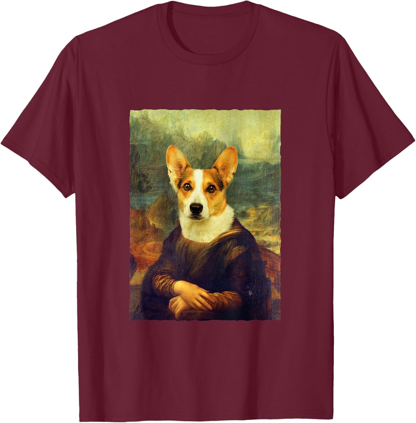 Funny Corgi Dog, Mona Lisa T-Shirt - T-Shirt | Maroon