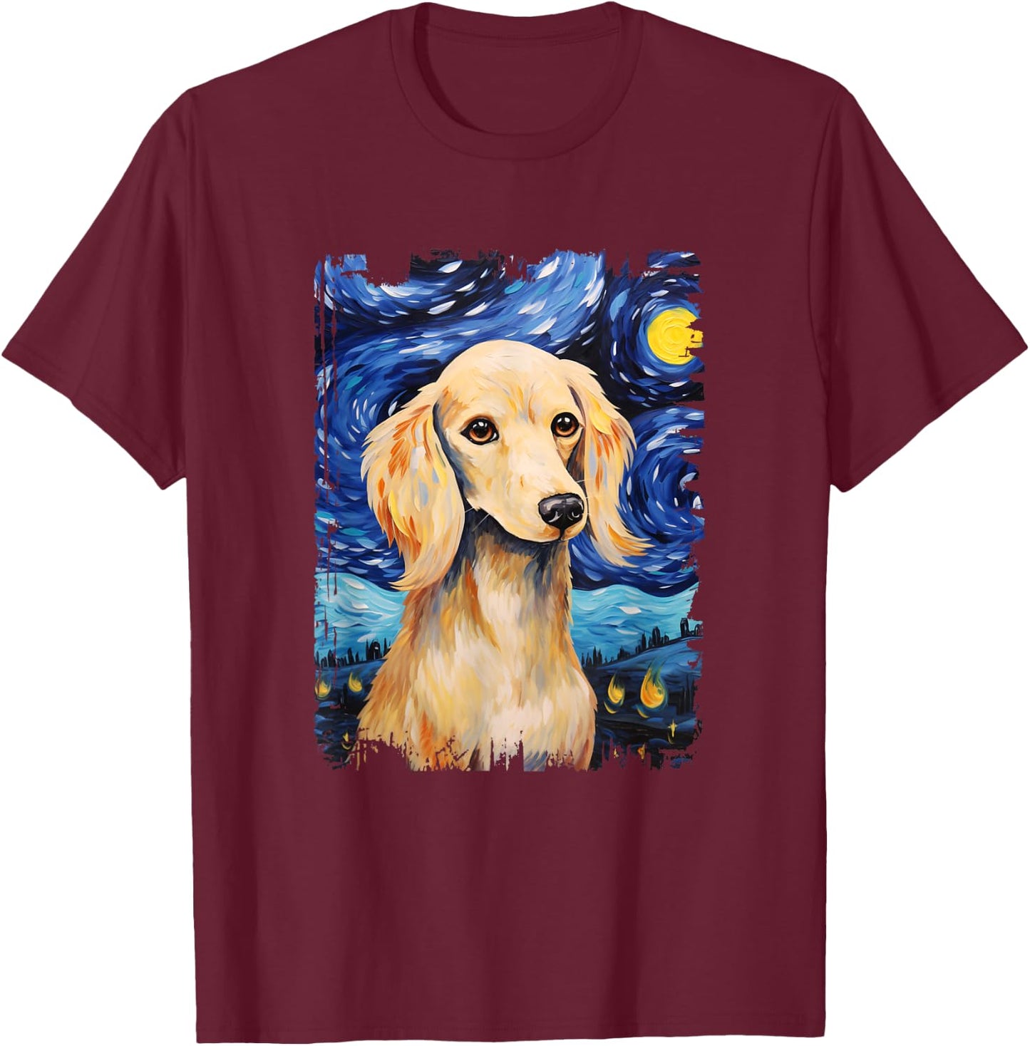 Cream Dachshund Dog Starry Night Painting Dog Mom Dad T-Shirt - T-Shirt | Maroon