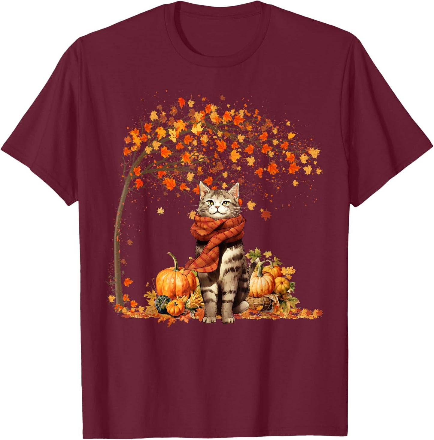 Cat Leaf Fall Hello Autumn Cat Kitten Lover Thanksgiving T-Shirt - T-Shirt | Maroon