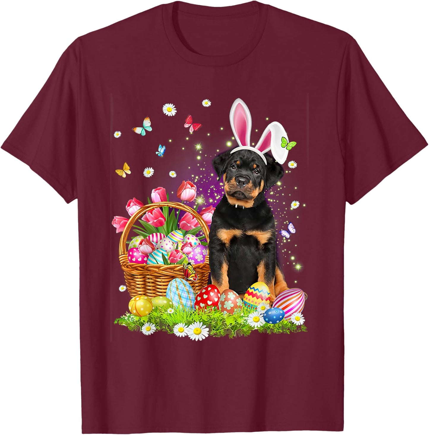 Funny Easter Bunny Rottweiler Dog Bunny Ear Egg Basket Women Kids T-Shirt - T-Shirt | Maroon