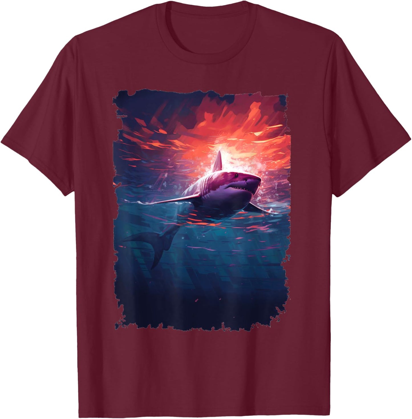 Great White Shark - Surfer Graphic T-Shirt - T-Shirt | Maroon