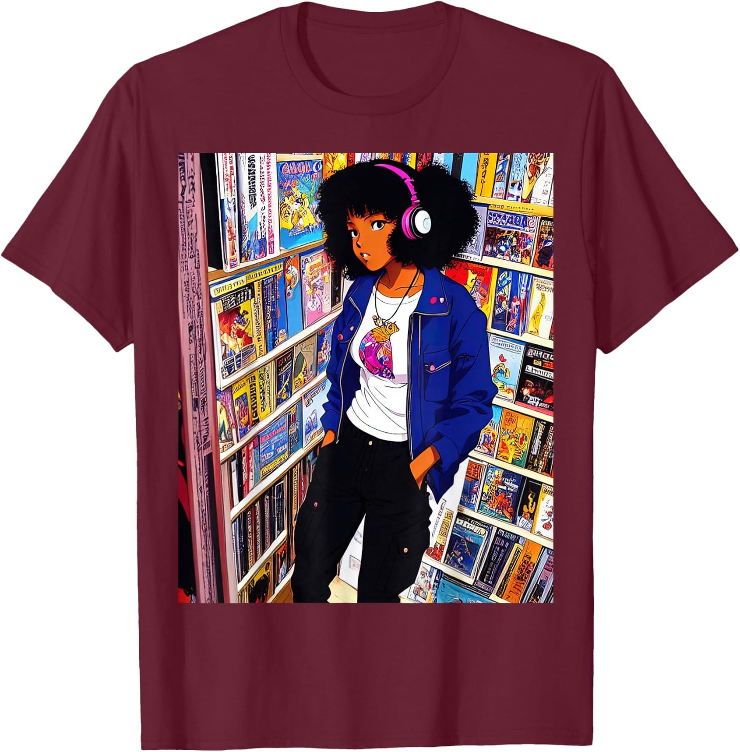 Black girl Lofi Music 90s Afro Retro Anime Cartoon Style T-Shirt - T-Shirt | Maroon
