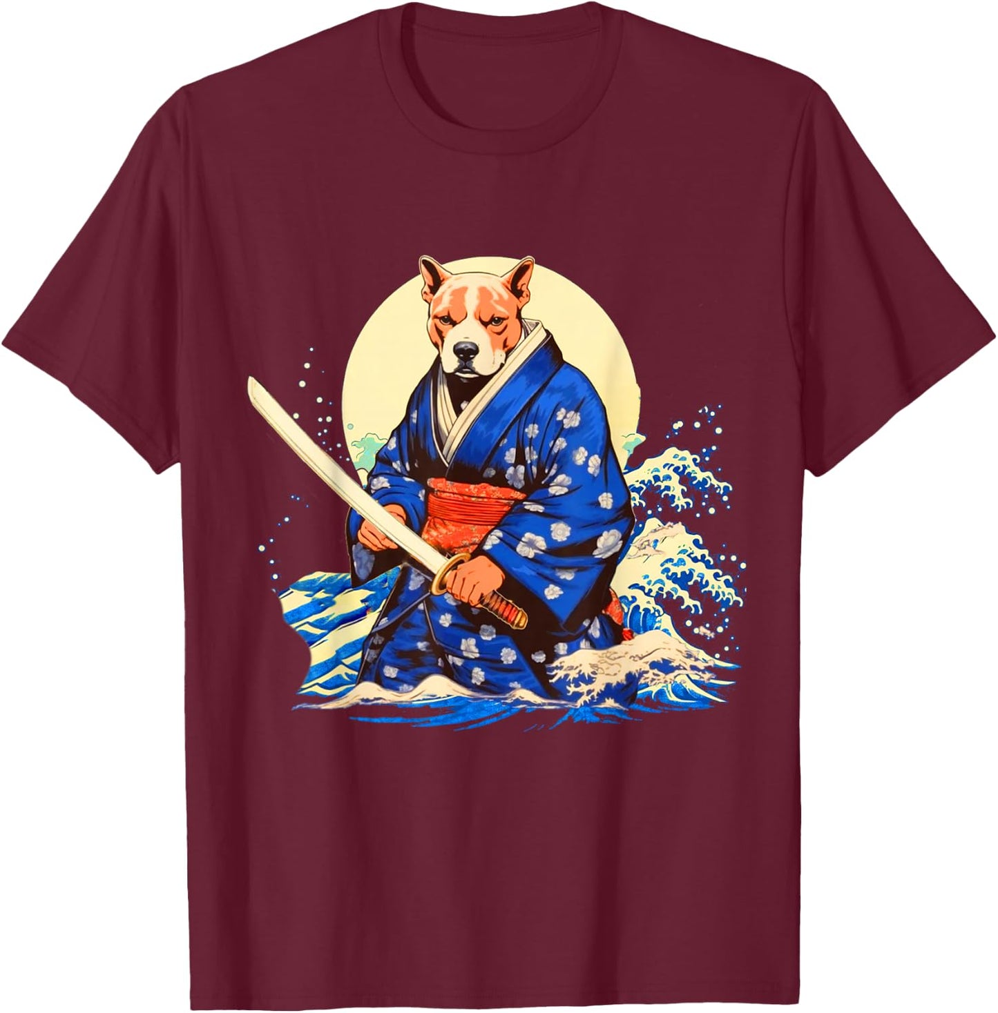 Funny Pitbull Dog Japanese Grand Wave Ukiyoe Art Ninja Cool T-Shirt - T-Shirt | Maroon