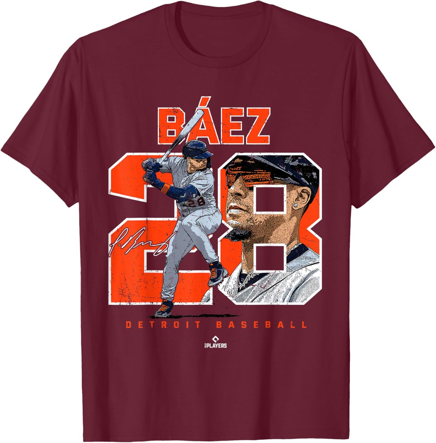 Number and Portrait Javier Baez Detroit MLBPA T-Shirt - T-Shirt | Maroon